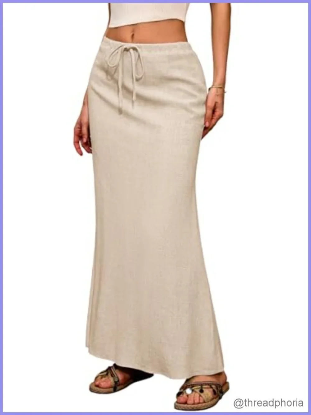 Linen Flared Maxi Skirt with Back Slit - Elastic Waist Drawstring -